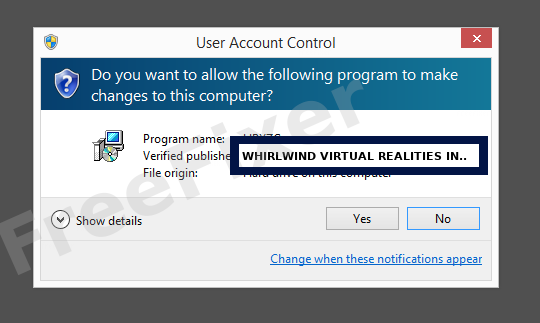 Screenshot where WHIRLWIND VIRTUAL REALITIES INC. appears as the verified publisher in the UAC dialog